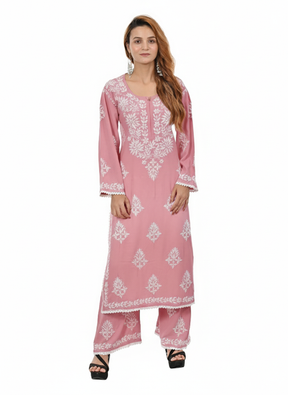 Handmade Embroidered Rayon Lace Plazo Set