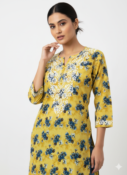 “Traditional Lucknowi Chikankari Printed Malmal Kurti with Hand Embroidery”