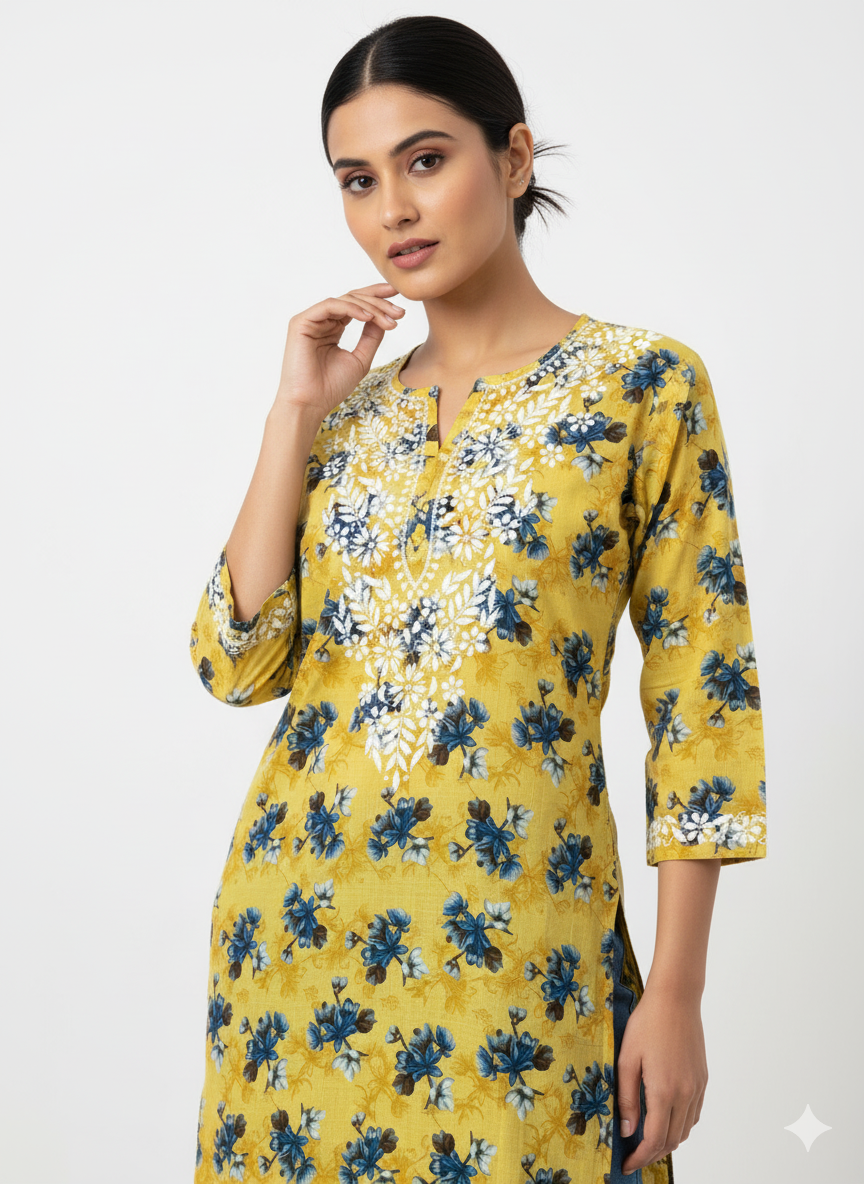 “Traditional Lucknowi Chikankari Printed Malmal Kurti with Hand Embroidery”