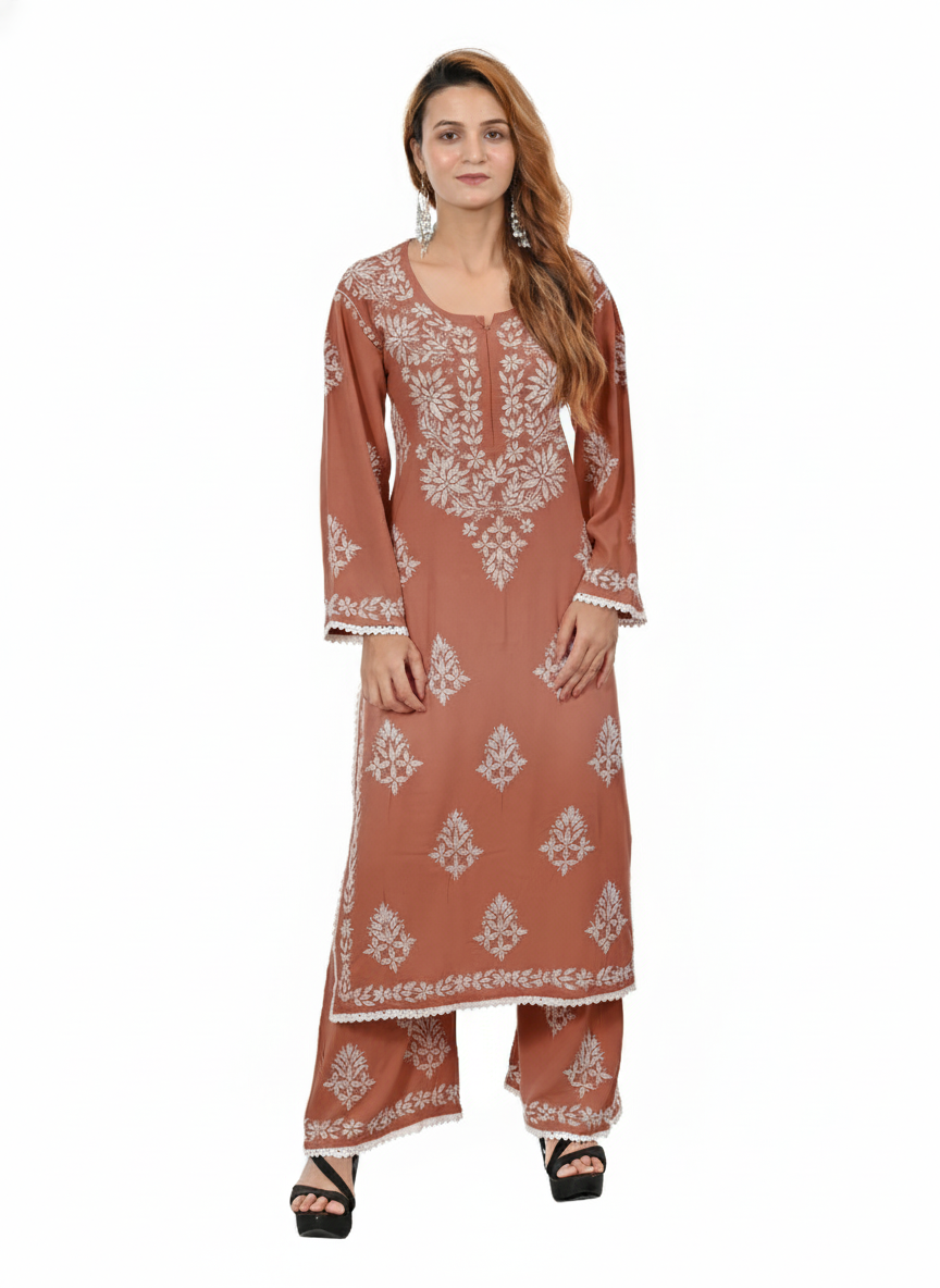 Handmade Embroidered Rayon Lace Plazo Set