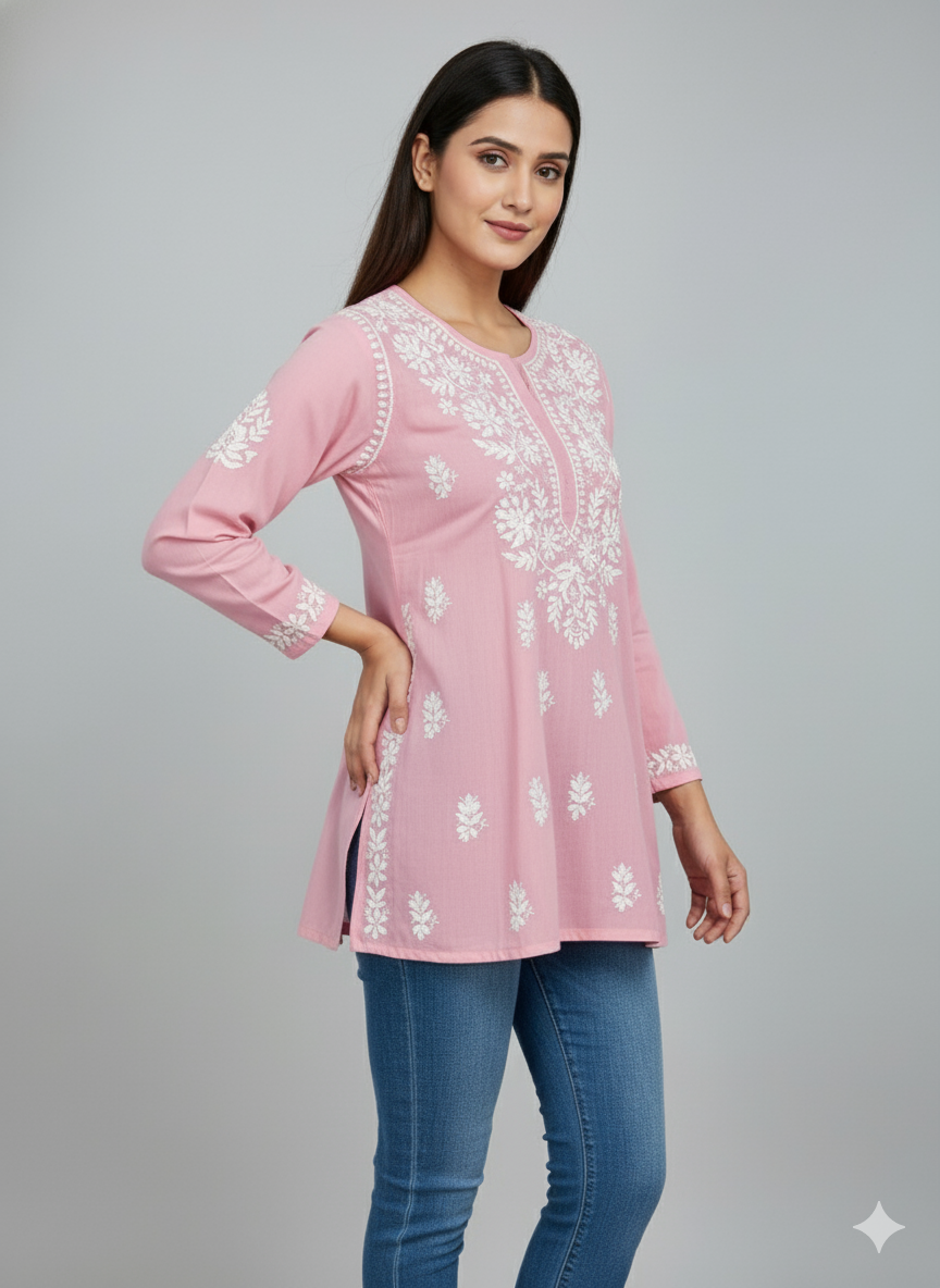 "Short Rayon Lucknowi Chikankari Kurti with Hand Embroidery"