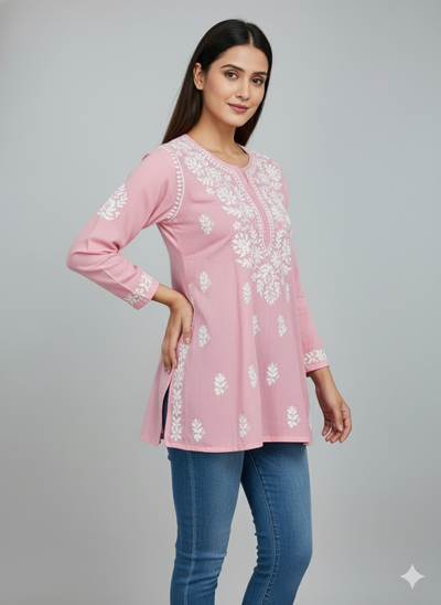 "Short Rayon Lucknowi Chikankari Kurti with Hand Embroidery"