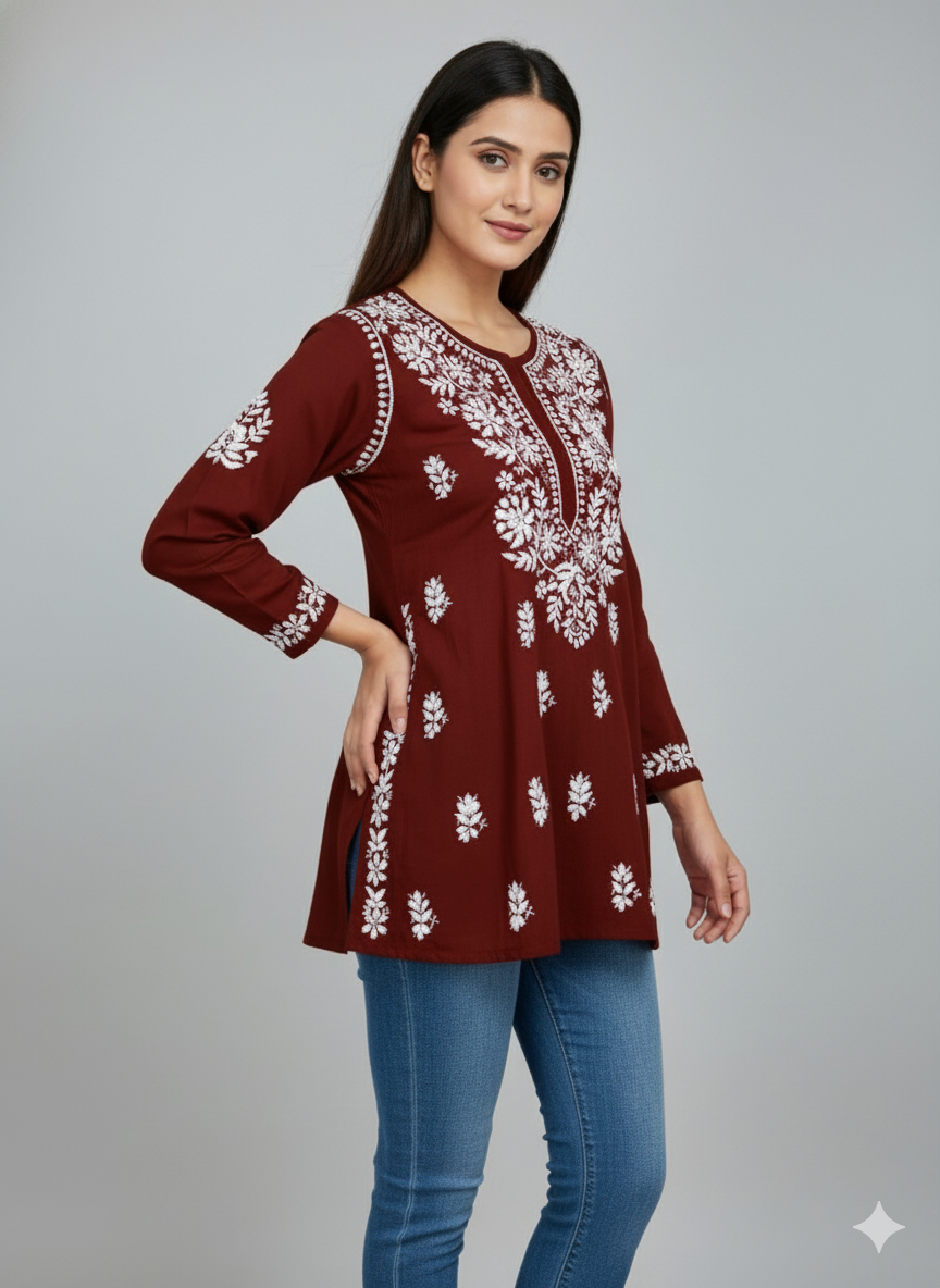 "Short Rayon Lucknowi Chikankari Kurti with Hand Embroidery"