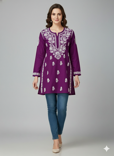 "Short Rayon Lucknowi Chikankari Kurti with Hand Embroidery"