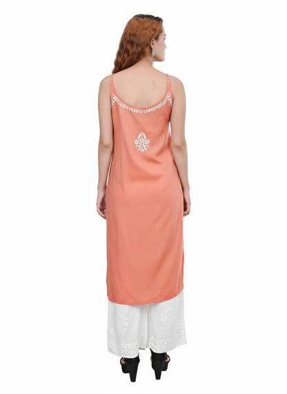 MS CHIKAN ARTS Women's Rayon Sleeveless Lucknowi Chikankari Hand Work Round Neck Kurti