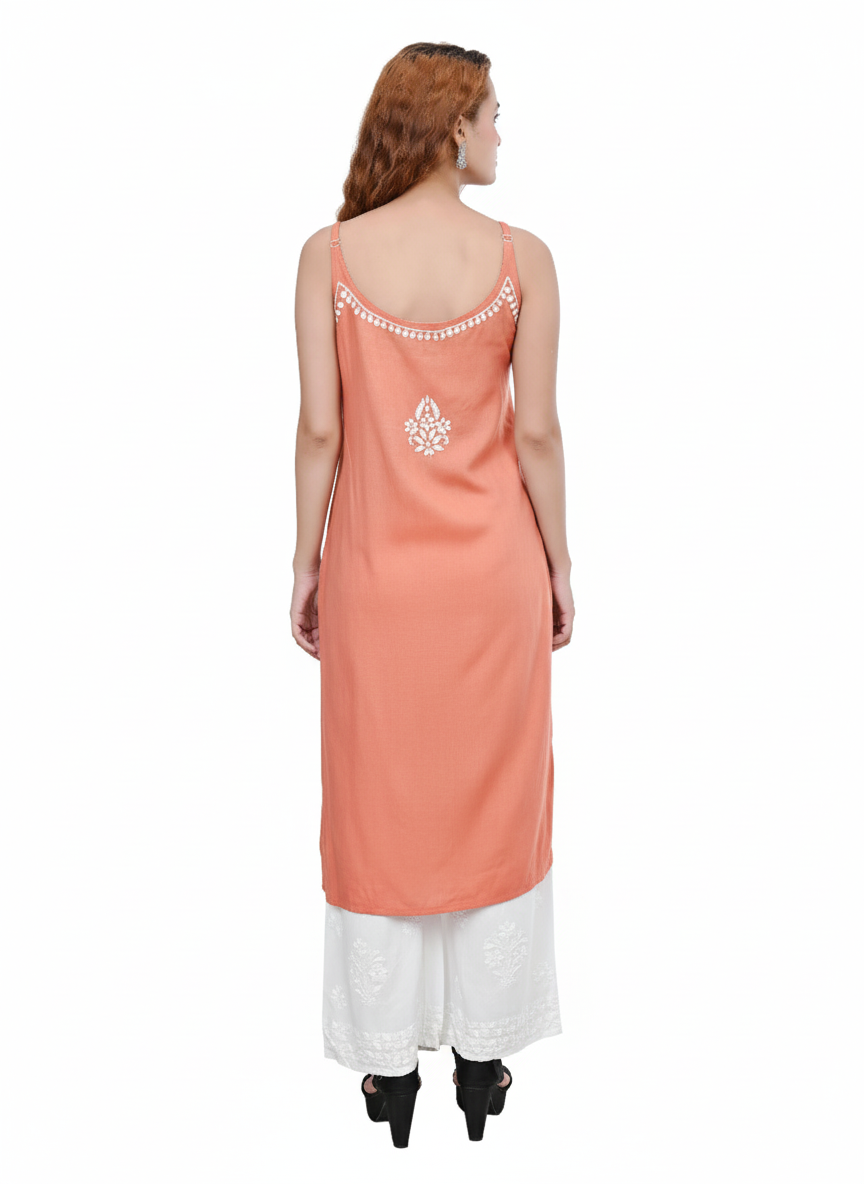 MS CHIKAN ARTS Women's Rayon Sleeveless Lucknowi Chikankari Hand Work Round Neck Kurti