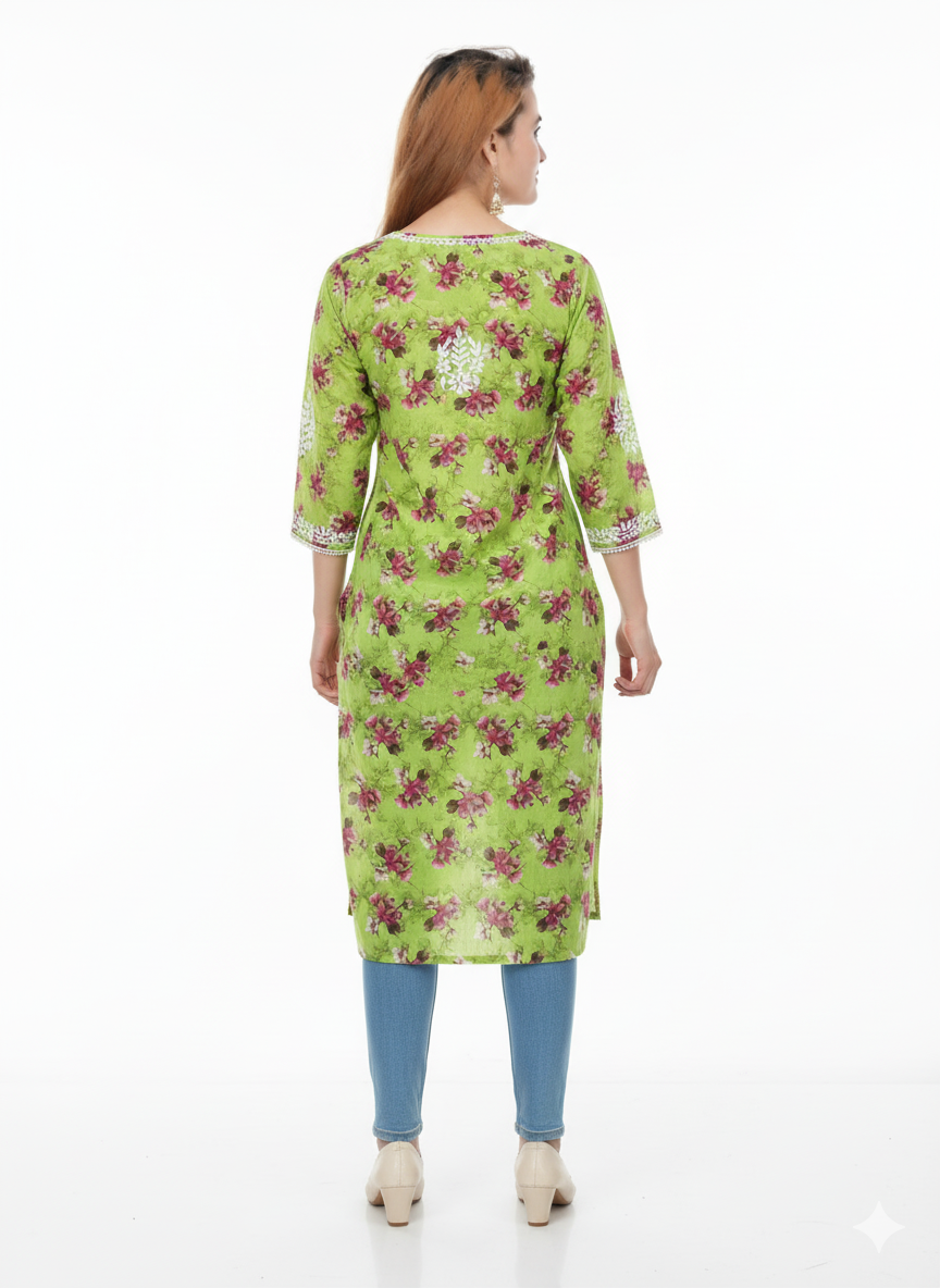 “Traditional Lucknowi Chikankari Printed Malmal Kurti with Hand Embroidery”