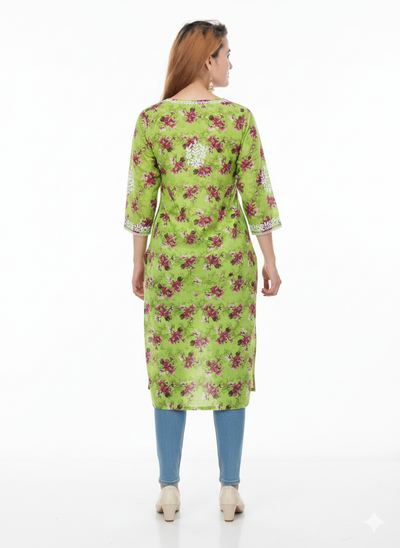 “Traditional Lucknowi Chikankari Printed Malmal Kurti with Hand Embroidery”