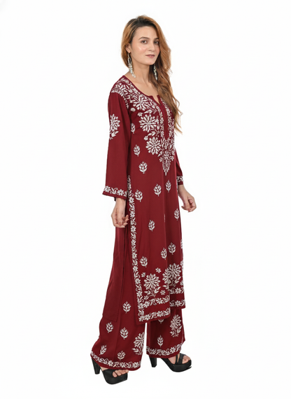 Handmade Embroidered Rayon Lucknowi Chikankari Plazo Set