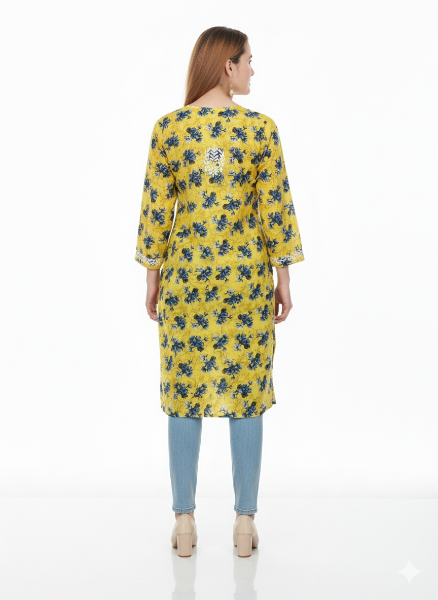 “Traditional Lucknowi Chikankari Printed Malmal Kurti with Hand Embroidery”