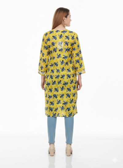 “Traditional Lucknowi Chikankari Printed Malmal Kurti with Hand Embroidery”