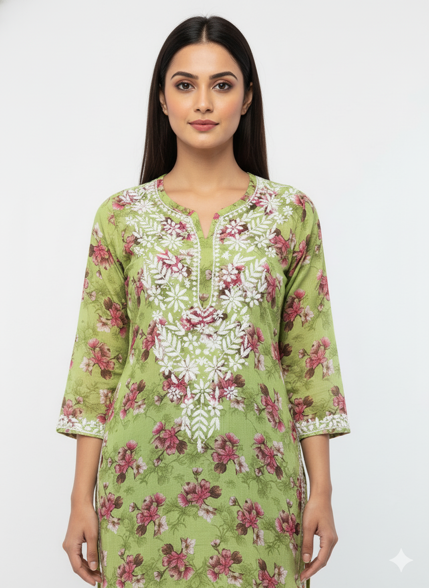 “Traditional Lucknowi Chikankari Printed Malmal Kurti with Hand Embroidery”