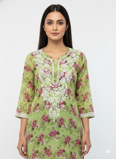 “Traditional Lucknowi Chikankari Printed Malmal Kurti with Hand Embroidery”