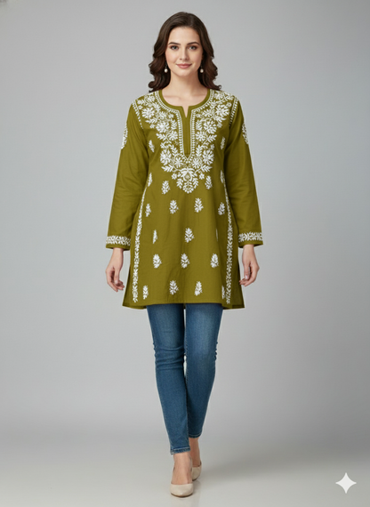 "Short Rayon Lucknowi Chikankari Kurti with Hand Embroidery"