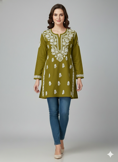"Short Rayon Lucknowi Chikankari Kurti with Hand Embroidery"