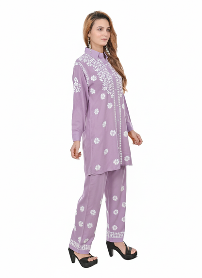 Handmade Embroidered Rayon Lucknowi Chikankari Co-ord Set