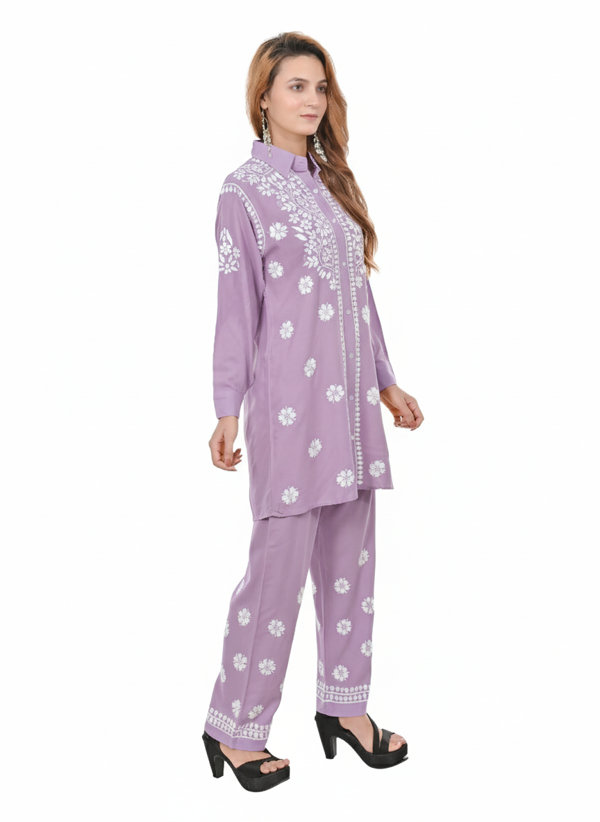 Handmade Embroidered Rayon Lucknowi Chikankari Co-ord Set