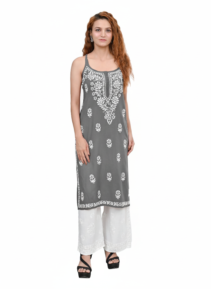 MS CHIKAN ARTS Women's Rayon Sleeveless Lucknowi Chikankari Hand Work Round Neck Kurti