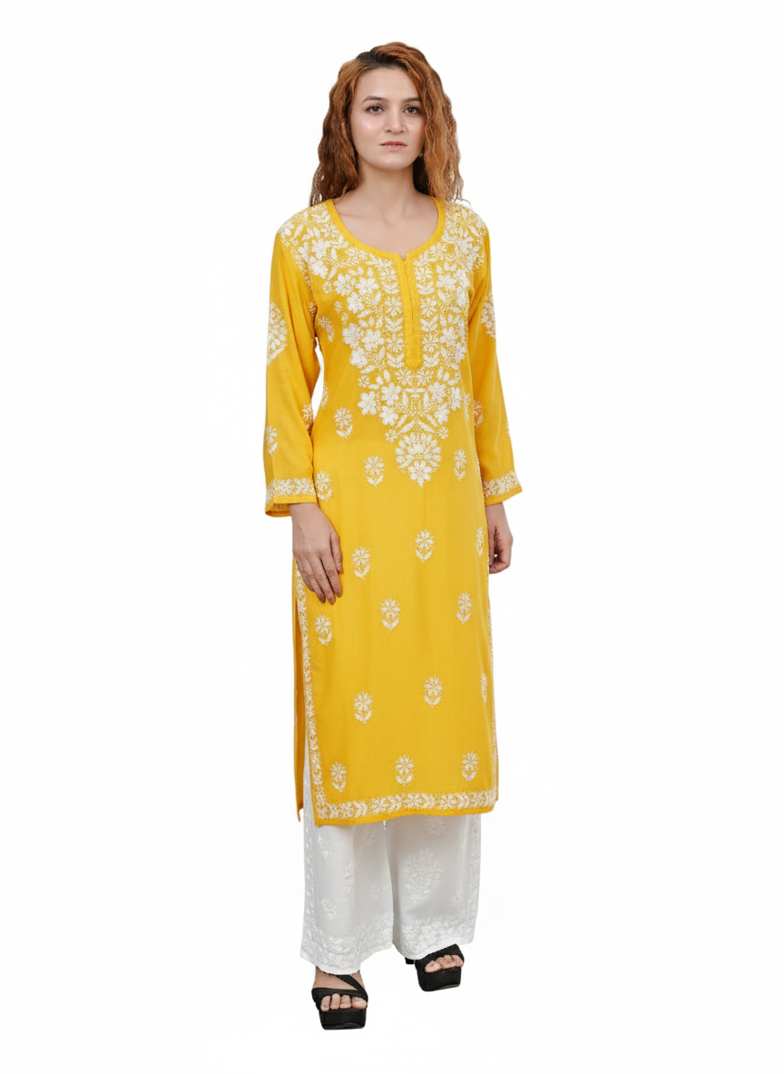 MS CHIKAN ARTS Women's Rayon Full Sleeve Lucknowi Chikankari Hand Work Round Neck Kurti