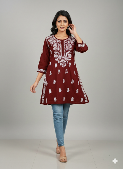 "Short Rayon Lucknowi Chikankari Kurti with Hand Embroidery"