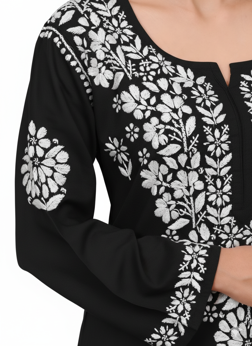 MS CHIKAN ARTS Women's Rayon Full Sleeve Lucknowi Chikankari Hand Work Round Neck Kurti