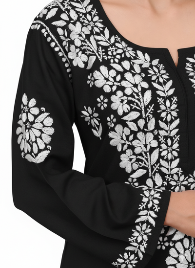 MS CHIKAN ARTS Women's Rayon Full Sleeve Lucknowi Chikankari Hand Work Round Neck Kurti