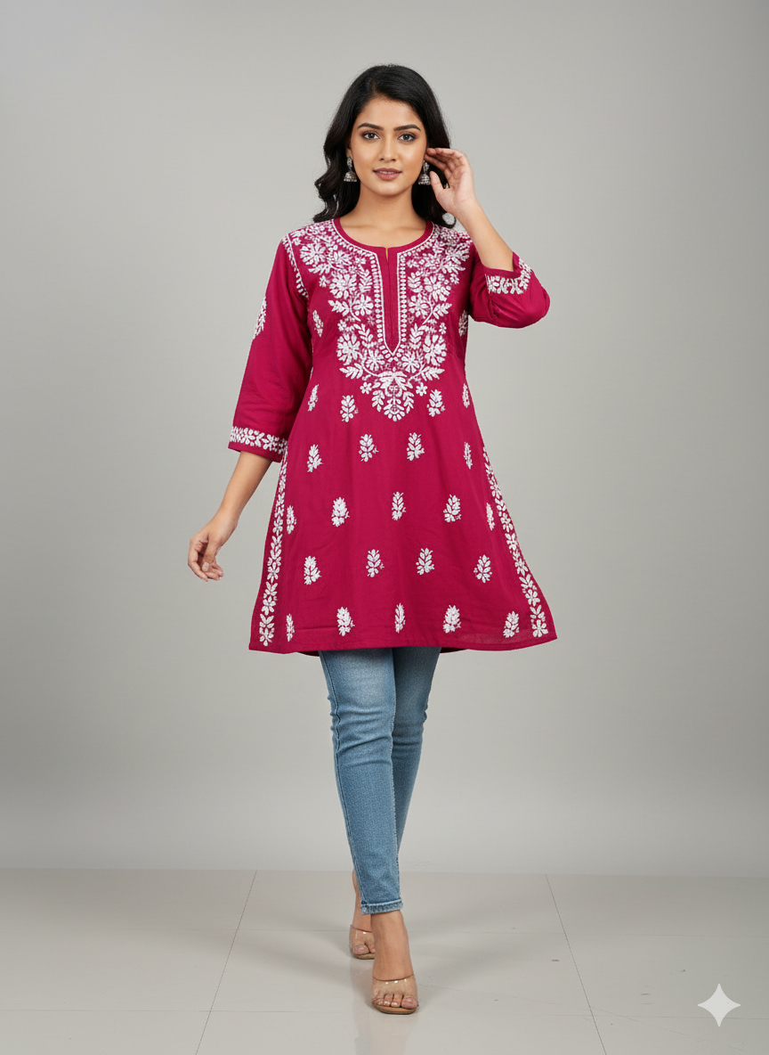 "Short Rayon Lucknowi Chikankari Kurti with Hand Embroidery"