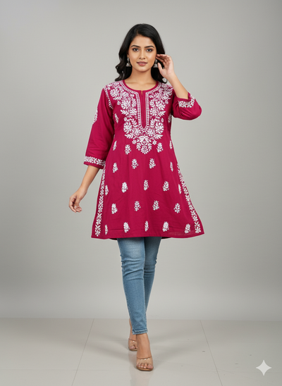 "Short Rayon Lucknowi Chikankari Kurti with Hand Embroidery"