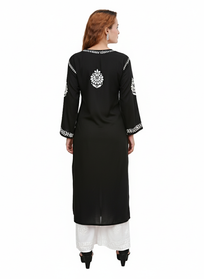 MS CHIKAN ARTS Women's Rayon Full Sleeve Lucknowi Chikankari Hand Work Round Neck Kurti