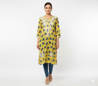 “Traditional Lucknowi Chikankari Printed Malmal Kurti with Hand Embroidery”