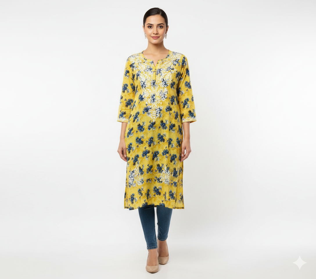 “Traditional Lucknowi Chikankari Printed Malmal Kurti with Hand Embroidery”