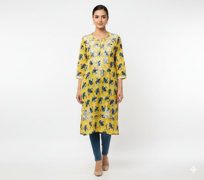 “Traditional Lucknowi Chikankari Printed Malmal Kurti with Hand Embroidery”