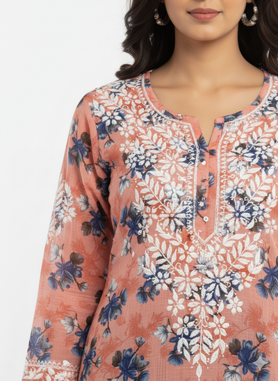 “Traditional Lucknowi Chikankari Printed Malmal Kurti with Hand Embroidery”