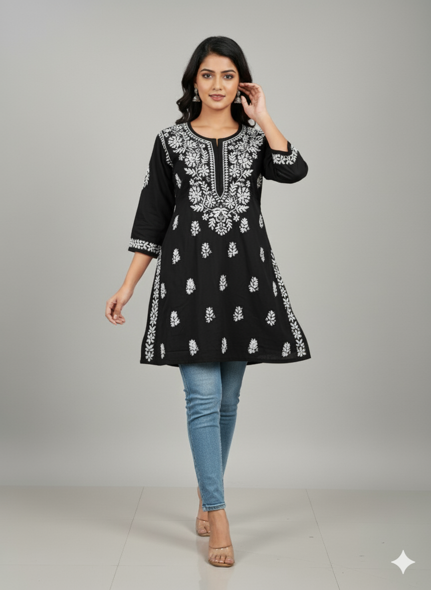 "Short Rayon Lucknowi Chikankari Kurti with Hand Embroidery"