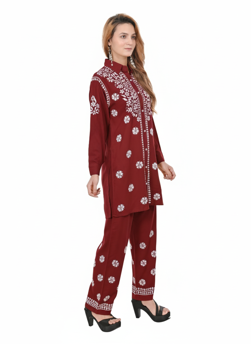 Handmade Embroidered Rayon Lucknowi Chikankari Co-ord Set