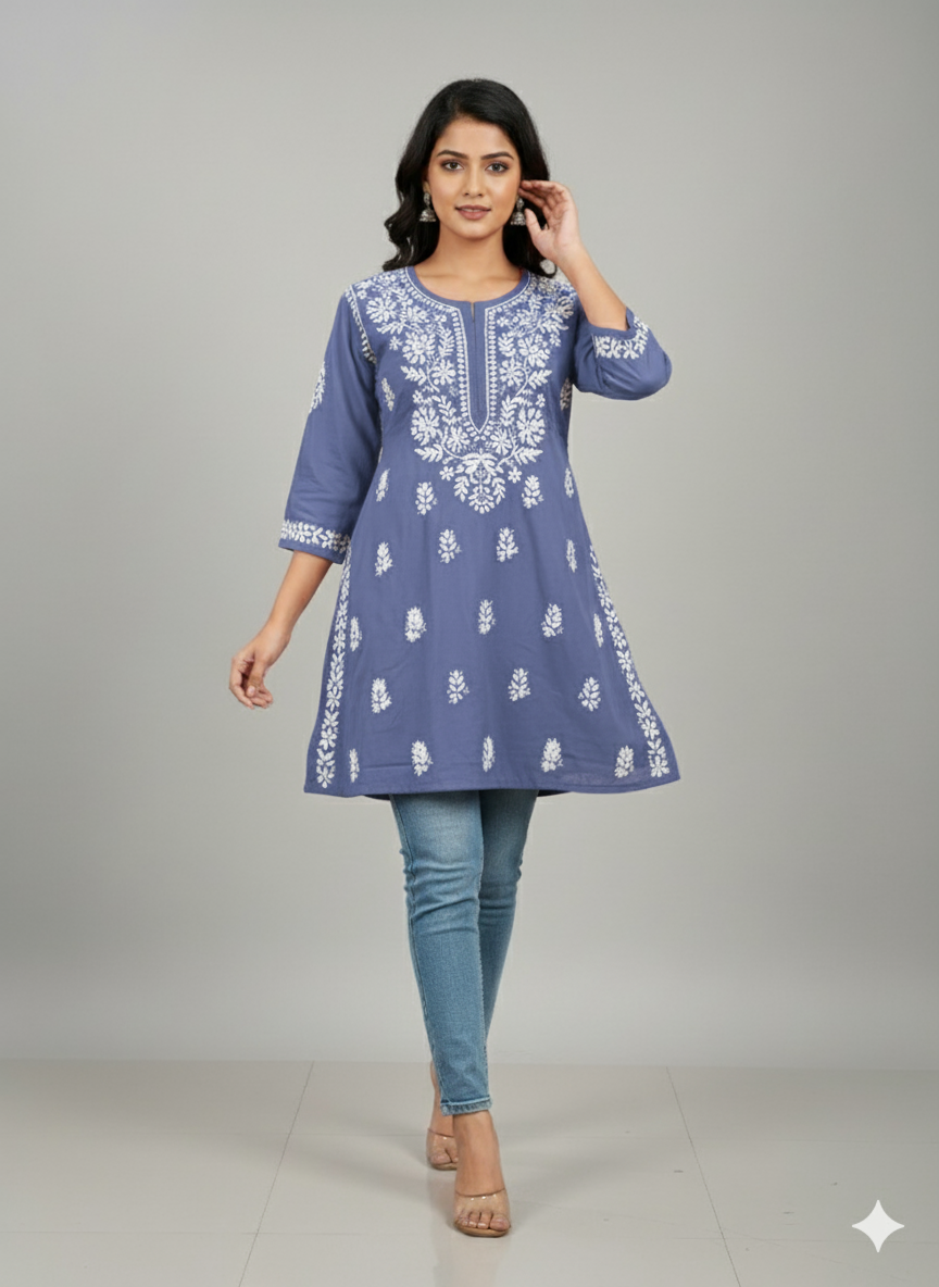 "Short Rayon Lucknowi Chikankari Kurti with Hand Embroidery"
