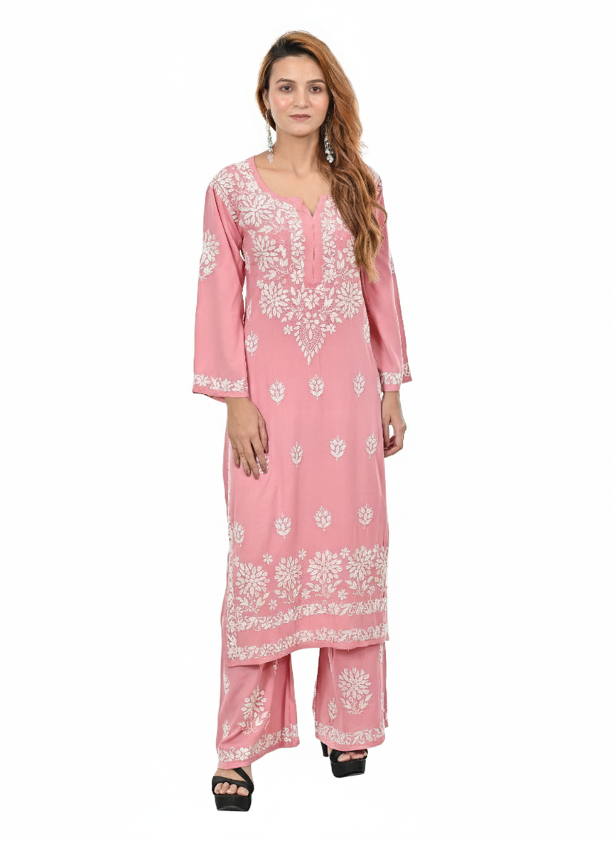 Handmade Embroidered Rayon Lucknowi Chikankari Plazo Set