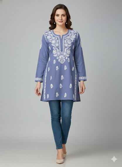 "Short Rayon Lucknowi Chikankari Kurti with Hand Embroidery"