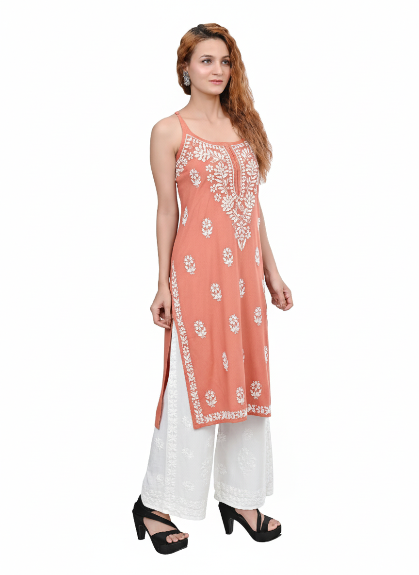 MS CHIKAN ARTS Women's Rayon Sleeveless Lucknowi Chikankari Hand Work Round Neck Kurti