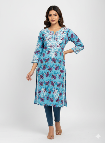 “Traditional Lucknowi Chikankari Printed Malmal Kurti with Hand Embroidery”