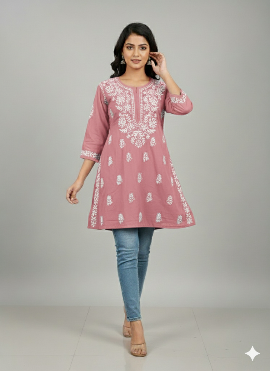 "Short Rayon Lucknowi Chikankari Kurti with Hand Embroidery"