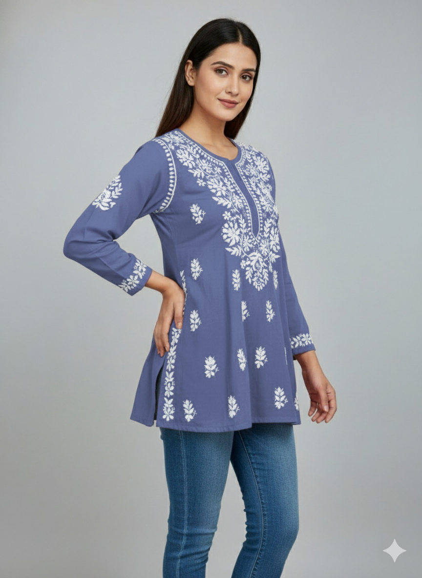 "Short Rayon Lucknowi Chikankari Kurti with Hand Embroidery"