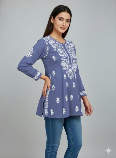 "Short Rayon Lucknowi Chikankari Kurti with Hand Embroidery"