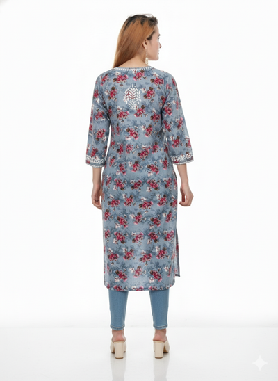 “Traditional Lucknowi Chikankari Printed Malmal Kurti with Hand Embroidery”