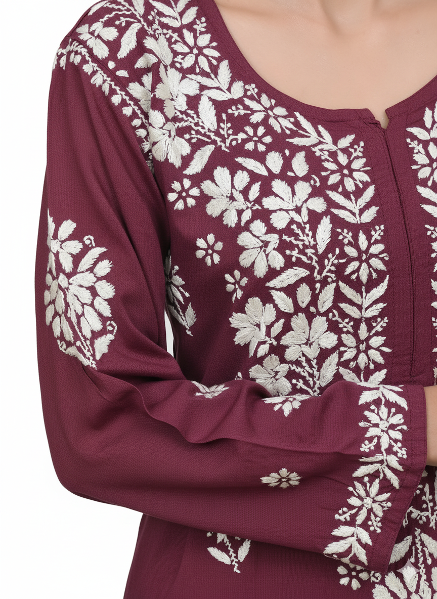 MS CHIKAN ARTS Women's Rayon Full Sleeve Lucknowi Chikankari Hand Work Round Neck Kurti