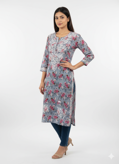 “Traditional Lucknowi Chikankari Printed Malmal Kurti with Hand Embroidery”