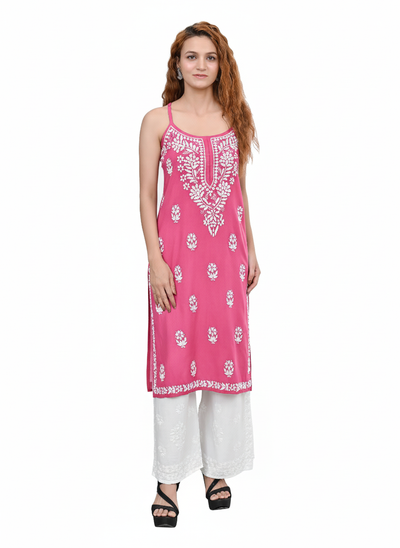 MS CHIKAN ARTS Women's Rayon Sleeveless Lucknowi Chikankari Hand Work Round Neck Kurti