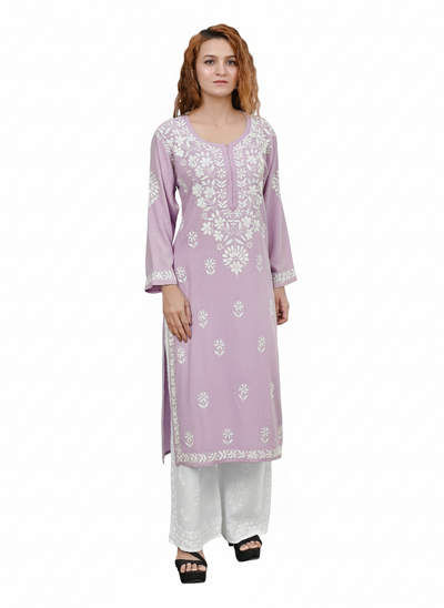 MS CHIKAN ARTS Women's Rayon Full Sleeve Lucknowi Chikankari Hand Work Round Neck Kurti