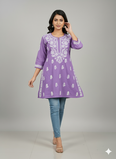 "Short Rayon Lucknowi Chikankari Kurti with Hand Embroidery"
