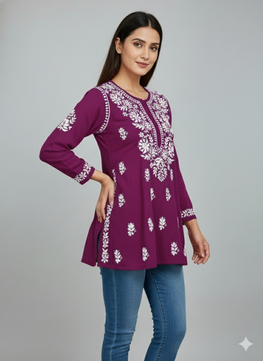 "Short Rayon Lucknowi Chikankari Kurti with Hand Embroidery"